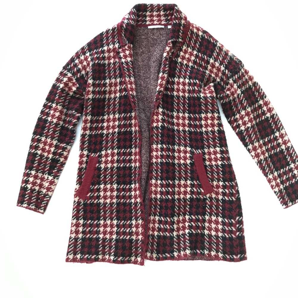 Cyrus Red & Black Plaid Open Front Longline Sweater Cardigan Coatigan - XL
